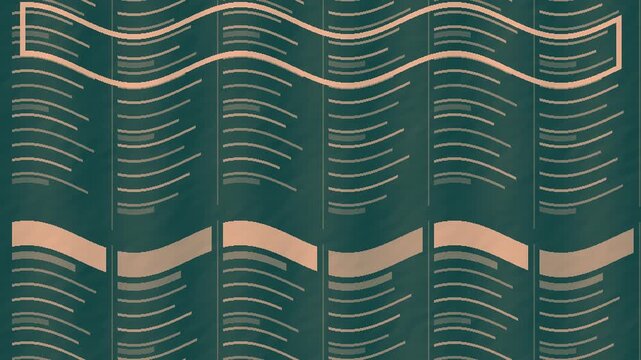 Peach and teal newspaper column layout with flowing editorial line waves