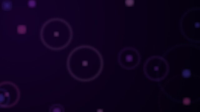 A dark purple background featuring soft bokeh circles and scattered squares