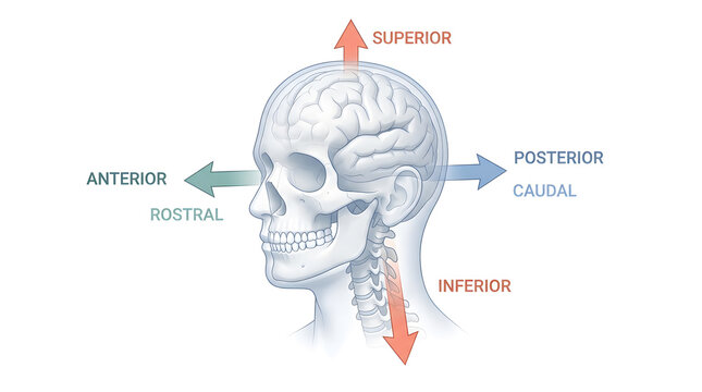 Human skull and brain anatomy with directional terms illustration