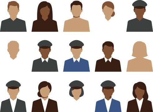 Set of diverse professional icons featuring various uniformed individuals with caps