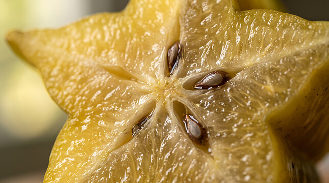 Close-up of a ripe yellow starfruit slice with visible seeds