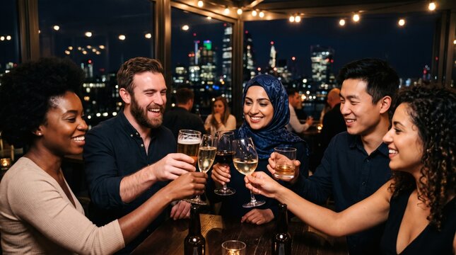 Diverse group of friends celebrating with drinks on a rooftop bar overlooking a city skyline at night