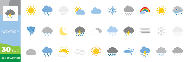 Fototapeta premium Weather Forecast and Climate Cloud Sun Rain Winter Season Colorful Flat Icons Set