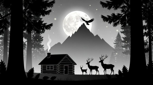 Silhouette of log cabin and deer family in mountain forest under full moon. Monochrome flat illustration featuring eagle flying over wilderness. Nature serenity concept for wall art and branding.