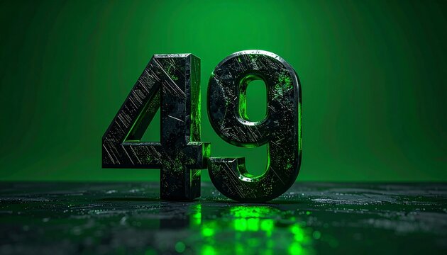 Dark metallic number 49 with green illumination on a reflective surface