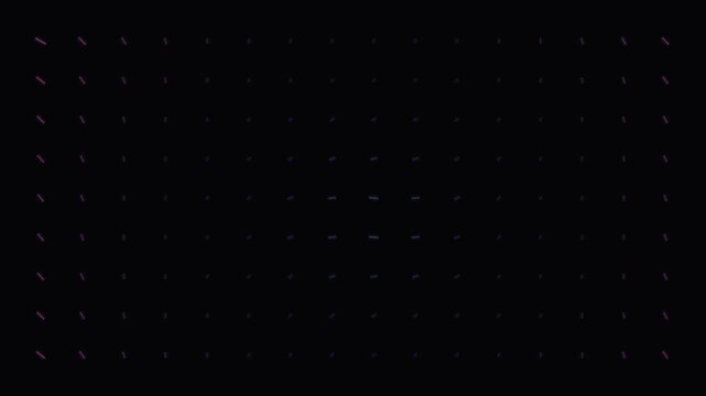 Minimalist grid of small rotating gradient lines on a solid black background