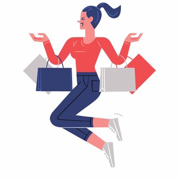 Animated happy cartoon shopping girl jumps with colorful bags while celebrating a joyful retail purchase