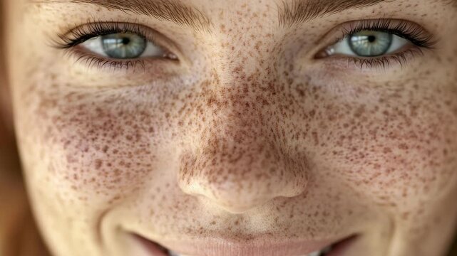 Extreme Close-up of a Smiling Woman with Freckles and Blue Eyes