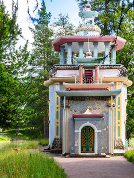 Pushkin, Russia - August 3, 2026: Chinese Gazebo picturesque pavilion in Chinoiserie style in Catherine Park in Tsarskoye selo town on sunny summer day