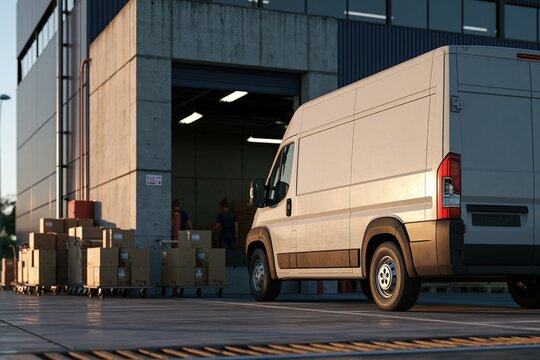 Cargo van at warehouse loading bay with workers moving parcels on rolling carts