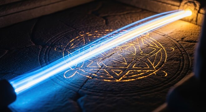 A magical beam of light illuminates an ancient arcane symbol etched in a dark, stone chamber.