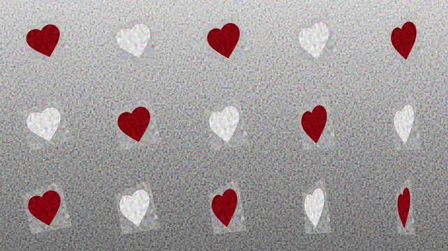 An alternating pattern of dark red and white hearts on a textured background