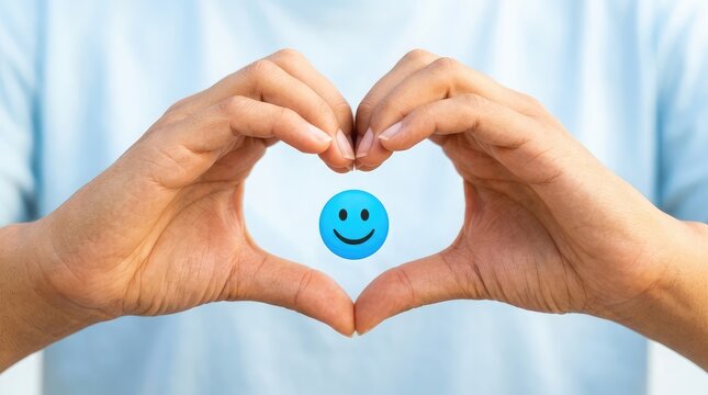 A person making a heart shape with their hands around a blue smiley face icon representing customer satisfaction