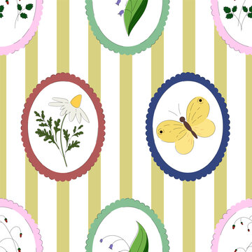 Seamless pattern with wild flowers, butterfly in striped background