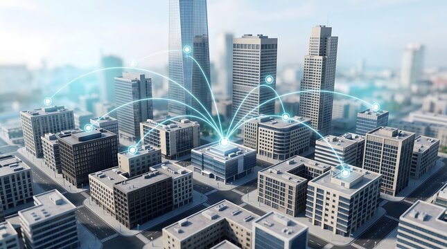 Miniature smart city diorama with central glowing building hub and digital network lines connecting urban infrastructure