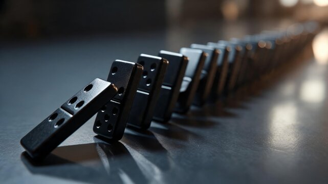Domino blocks standing in perspective across reflective surface with shallow depth of field showing balance strategy sequence probability and the moment before a dramatic chain reaction begins indoor