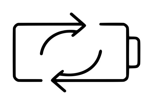Professional vector icon illustration of a rechargeable battery featuring circular arrows, symbolizing renewable energy, power efficiency, and sustainable technology for clean graphic design.