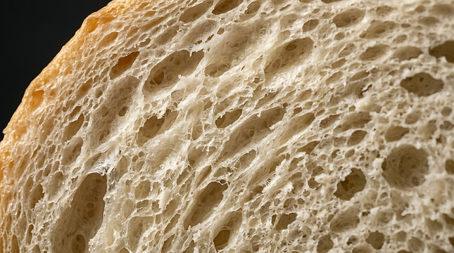 Close-up of artisanal bread texture with airy crumb and golden crust