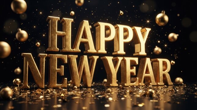 Golden happy new year 3d text with festive ornaments