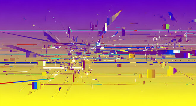 Abstract digital glitch art with purple and yellow gradient background and fragmented geometric shapes