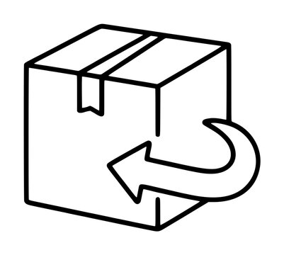 Minimalist black and white vector icon of a sealed cardboard box with a curved return arrow, ideal for e-commerce websites, logistics applications, shipping services, and refund policy graphics.