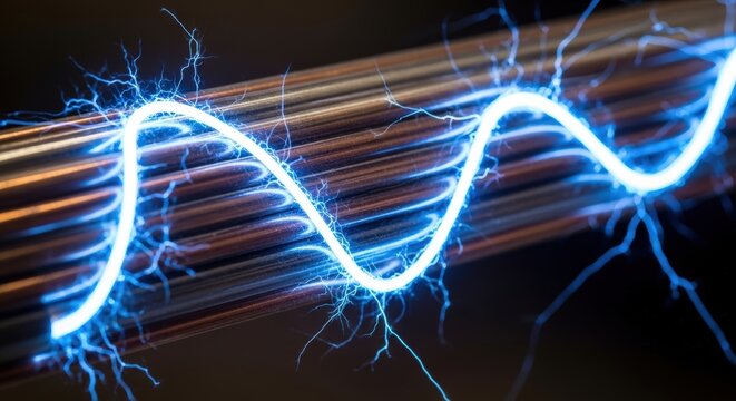 A vibrant blue electrical sine wave of energy flowing over a bundle of copper conductors.