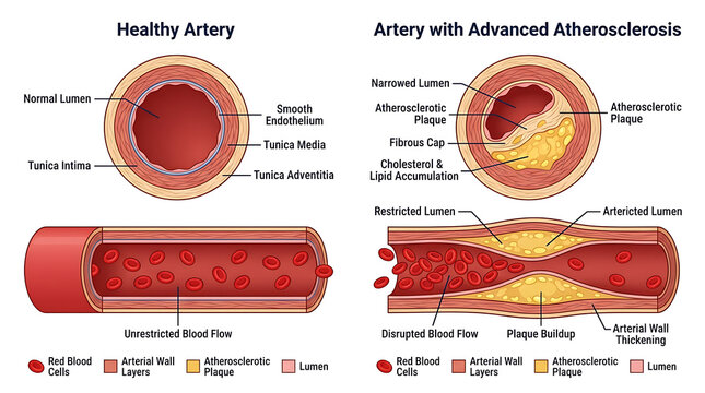 Comparison of a healthy artery and an artery with advanced atherosclerosis showing plaque buildup and restricted blood flow