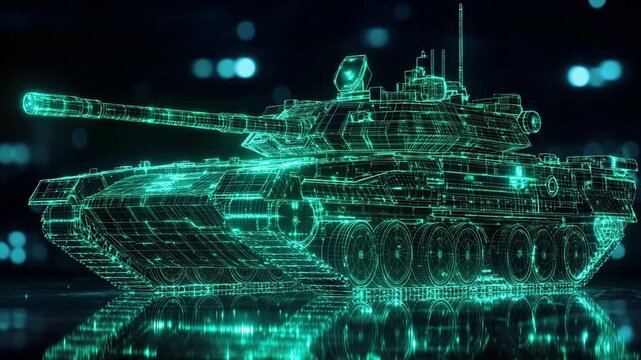 High tech hologram tank displayed as neon wireframe armored vehicle on digital platform with military simulation defense analytics cyber warfare technology and futuristic combat strategy visualization