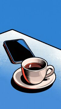 Coffee cup and smartphone on table pop art style