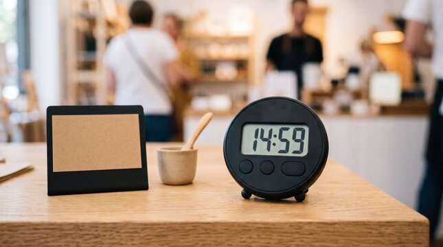 Digital timer displaying 14:59 on a wooden counter in a cafe with blurred people in the background