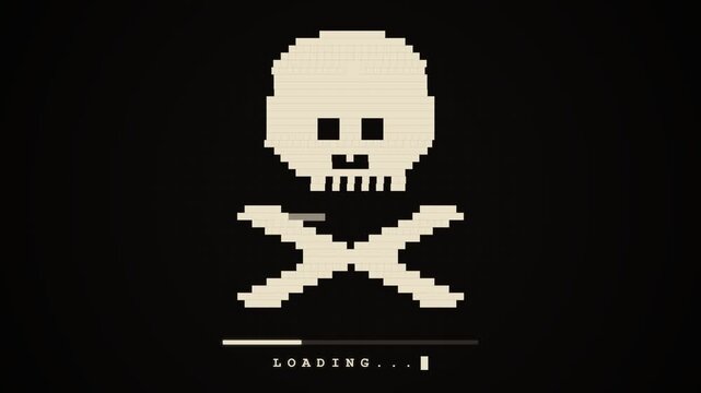 Retro Pixel Art Skull Loading Screen Concept Featuring A Digital Progress Bar Over For Computer Gaming