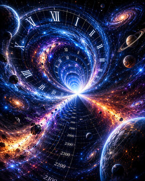 Cosmic Timewarp Clock Vortex, cosmic clock, timewarp vortex, time travel concept, temporal vortex, space time, cosmic time, futuristic clock, swirling clock, time distortion, temporal energy, wormhole