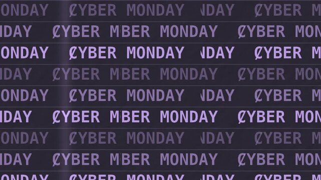 Lilac purple CYBER MONDAY ticker typography in a seamless digital grid