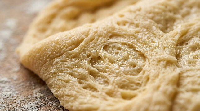 Close-up of raw bread dough texture with air bubbles and flour