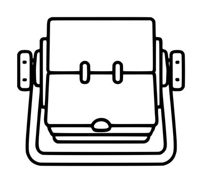 Minimalist vector icon of a rotary card file rolodex for business contact organization. This clean line art illustration features a vintage desktop address organizer for professional networking.