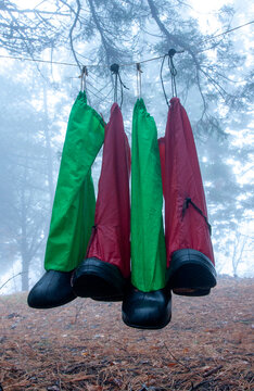 Four pairs of waders hanging on a clothesline in a misty forest setting