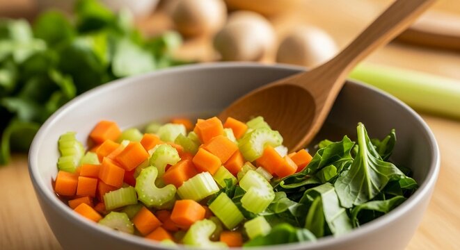 Freshly Diced Carrots, Celery, and Leafy Greens in a Bowl with a Wooden Spoon, Ready for Culinary Preparation