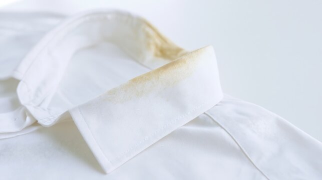 Close up of yellow greasy and sweat stains on a white shirt collar caused by skin contact, illustrating laundry care, stain removal and garment cleaning problems