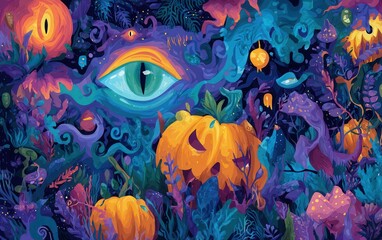 Fototapeta premium Halloween eye watching pumpkins in mystical forest