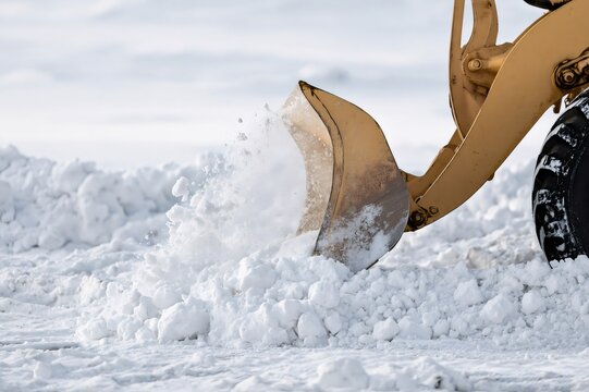 Yellow heavy equipment moving snow on a winter day