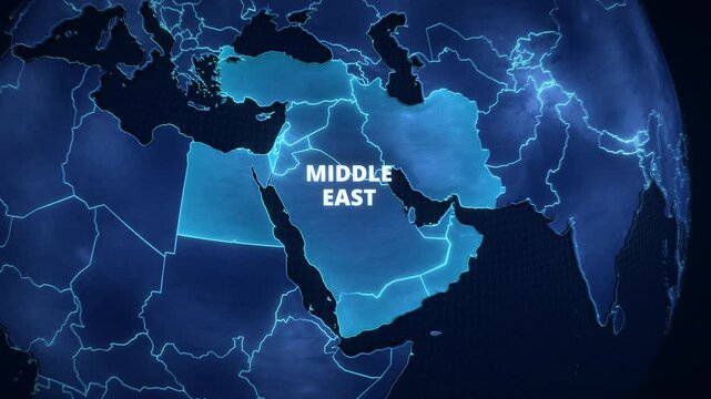 Vertical digital map of the Middle East featuring glowing cyan country borders, bright illuminated region highlight, and bold typography, designed for a mobile educational infographic.
