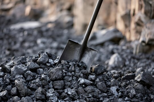 Shovel standing upright in a pile of natural coal