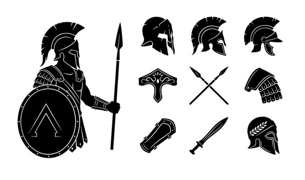 Spartan warrior silhouette set, ancient greek soldier armor icons, 10 black vector elements of spartan helmets and weapons for gaming and logos