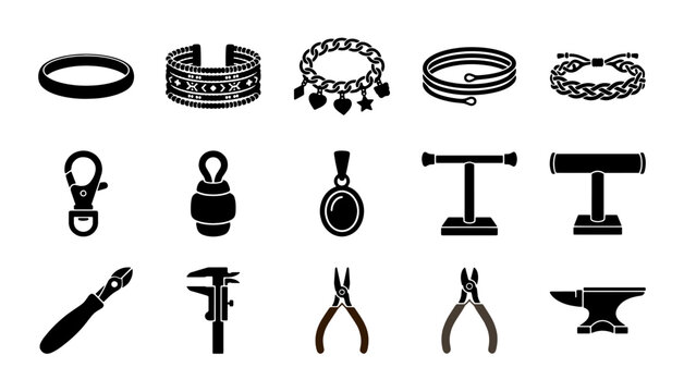 Jewelry making tools and accessories icon set, 15 black vector silhouettes of bracelets, pliers, and workshop equipment