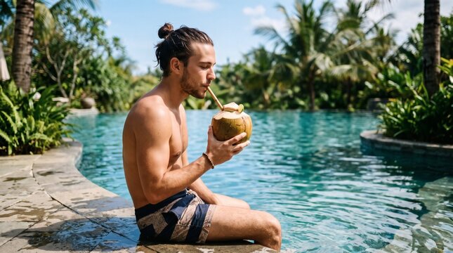Young man with man bun drinking fresh coconut water by a tropical swimming pool