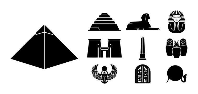 Ancient Egyptian icons set, black silhouette pyramid and sphinx vector graphics, 10 cultural heritage symbols for travel and history design