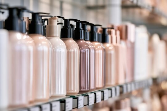 Cosmetics and skincare products lining shop shelves