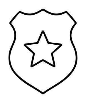 Sleek minimalist black outline vector icon of a police badge with a central five-pointed star, ideal for law enforcement, security, protection, and authority-themed graphic design projects.