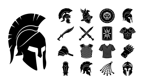 Ancient Spartan warrior helmet and gladiator equipment set, 16 black silhouette icons of Roman armor and weapons, antique combat gear vectors