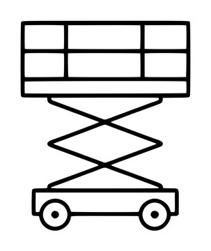 High-quality scissor lift vector icon for industrial maintenance and construction projects. This minimalist line art illustration shows a mobile elevating work platform with a safety railing and